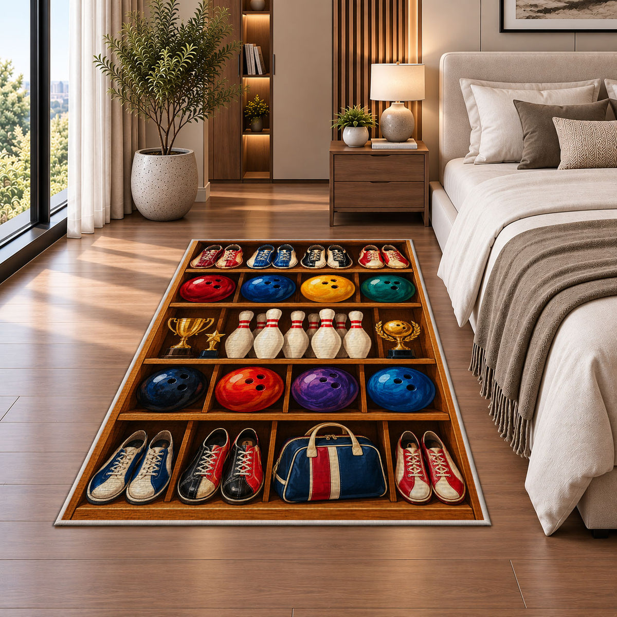 Bowling Gear Shelf Rug in a bedroom beside the bed
