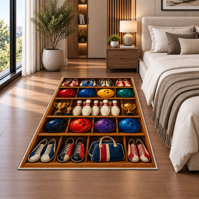 Bowling Gear Shelf Rug in a bedroom beside the bed