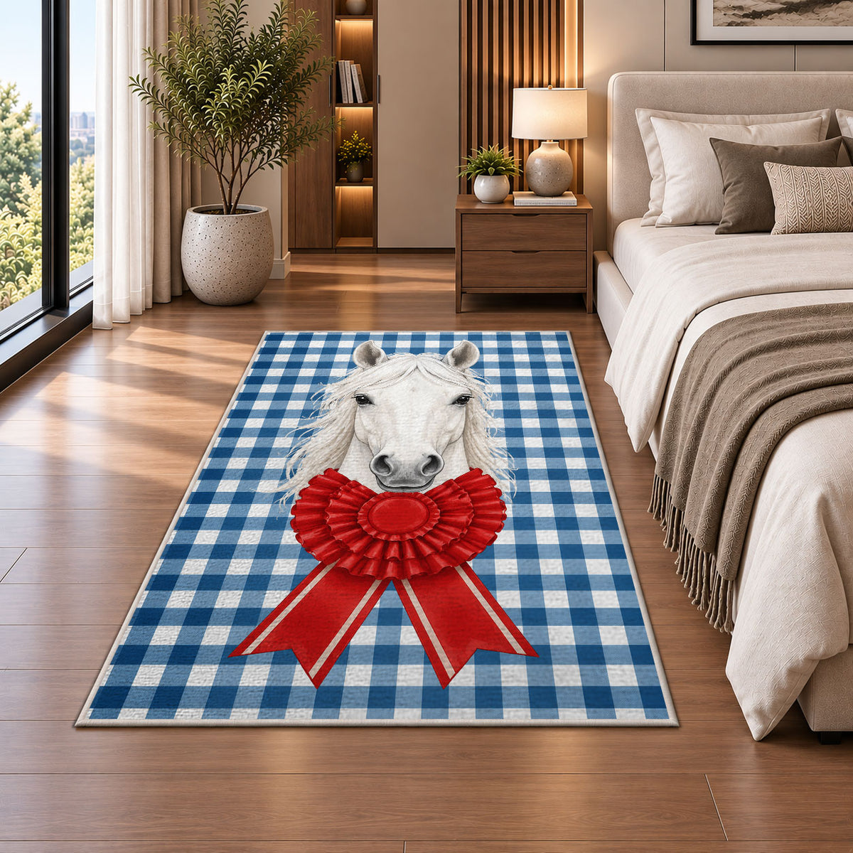 Gingham Horse and Rosette Rug in a bedroom beside the bed