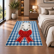 Gingham Horse and Rosette Rug in a bedroom beside the bed