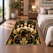 Art Deco Bowling Rug in a bedroom beside the bed