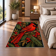Cardinal on Black Rug in a bedroom beside the bed