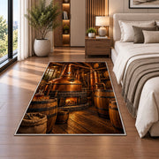 Copper Still Distillery Rug in a bedroom beside the bed