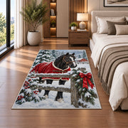 Horse in Winter Snow Rug in a bedroom beside the bed