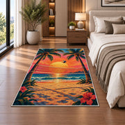 Volleyball Net Between Palms Rug in a bedroom beside the bed
