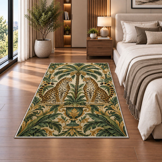 Twin Leopards and Palm Rug in a bedroom beside the bed