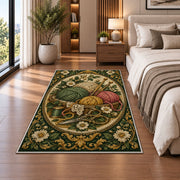 Vintage Engraved Yarn Rug in a bedroom beside the bed