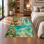 Tropical Lagoon Mermaid Rug in a bedroom beside the bed