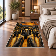 Three Riders Headlights Rug in a bedroom beside the bed