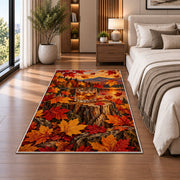Whiskey and Maple Leaves Rug in a bedroom beside the bed
