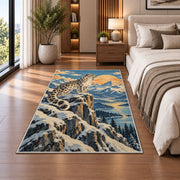 Retro Snow Leopard Poster Rug in a bedroom beside the bed