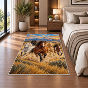 Wild Horses Galloping Rug in a bedroom beside the bed