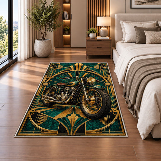 Art Deco Motorcycle Rug in a bedroom beside the bed