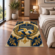 Classic Volleyball Crest Rug in a bedroom beside the bed
