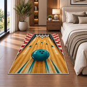 Bowling Lane and Checkers Rug in a bedroom beside the bed