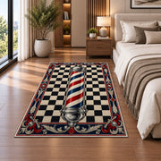 classic barber pole checkered rug in a bedroom beside the bed