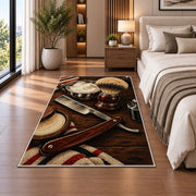 straight razor and shaving brush rug in a bedroom beside the bed