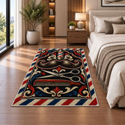 mustache and scissors barber rug in a bedroom beside the bed