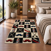 checkered barbershop icons rug in a bedroom beside the bed
