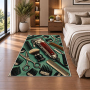 vintage hair clipper rug in a bedroom beside the bed