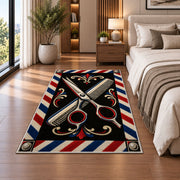 crossed scissors and comb rug in a bedroom beside the bed