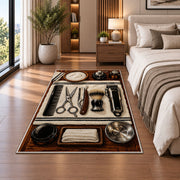 barber tools flat lay rug in a bedroom beside the bed