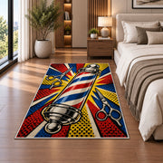 pop art barber pole rug in a bedroom beside the bed