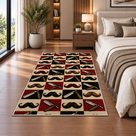 mustache and razor pattern rug in a bedroom beside the bed