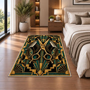 art deco barber rug in a bedroom beside the bed