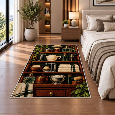 vintage shaving shelf rug in a bedroom beside the bed