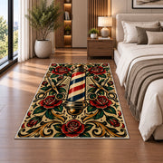 tattoo style barber pole rug in a bedroom beside the bed