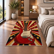 retro red electric guitar rug in a bedroom beside the bed