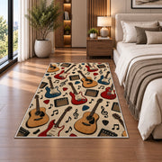 guitar pattern rug in a bedroom beside the bed