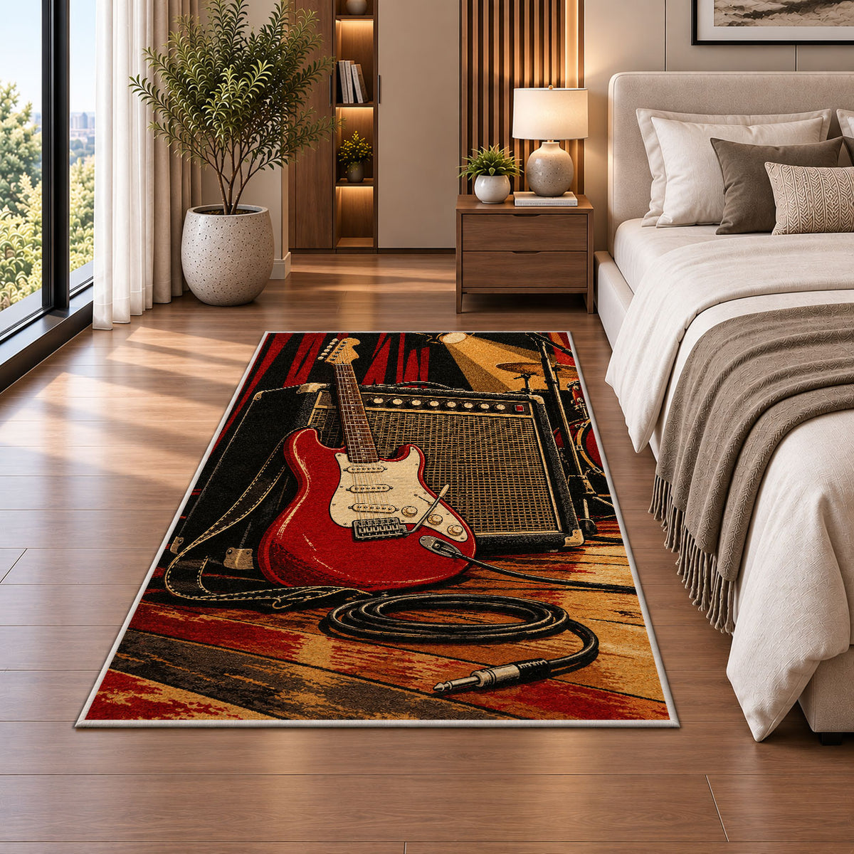 electric guitar and amp stage rug in a bedroom beside the bed