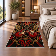 crossed guitars rock emblem rug in a bedroom beside the bed