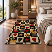checkered rock guitar rug in a bedroom beside the bed