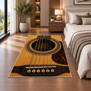 acoustic guitar soundhole rug in a bedroom beside the bed