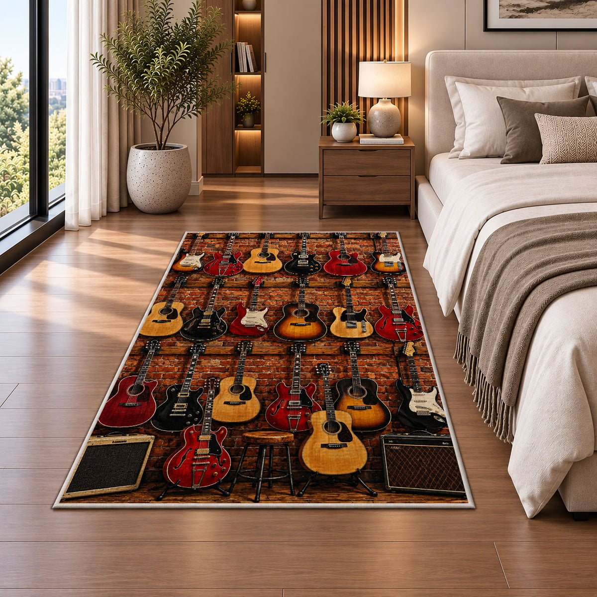 guitar shop wall rug in a bedroom beside the bed