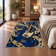blue bass guitar rug in a bedroom beside the bed