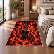 flaming electric guitar rug in a bedroom beside the bed