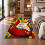 pop art electric guitar rug in a bedroom beside the bed