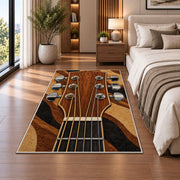 guitar headstock rug in a bedroom beside the bed