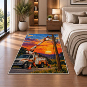 bucket truck lineman rug in a bedroom beside the bed
