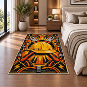 lineman hard hat emblem rug in a bedroom beside the bed