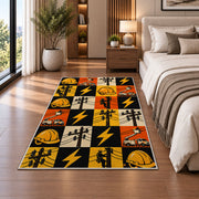 checkered lineman icons rug in a bedroom beside the bed