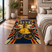 lineman badge rug in a bedroom beside the bed