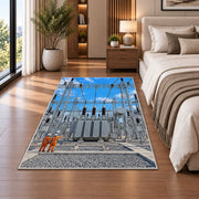 electrical substation rug in a bedroom beside the bed