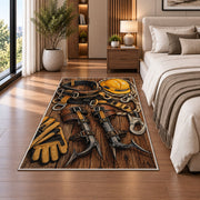 lineman climbing gear rug in a bedroom beside the bed