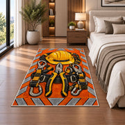 safety orange lineman rug in a bedroom beside the bed