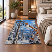 winter lineman bucket truck rug in a bedroom beside the bed